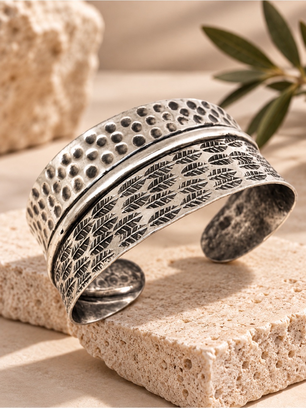 Hammered Leaf Chevron Dual Texture Open Cuff Statement Bracelet Silver Tone